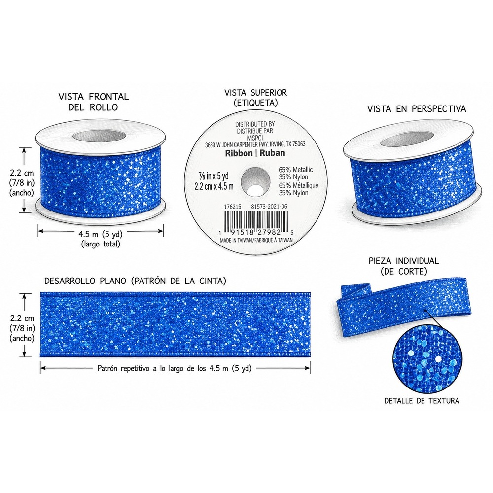 MSPCI Royal Blue Glitter Ribbon 7/8 Inch x 5 Yards Metallic Craft Trim 2 Rolls